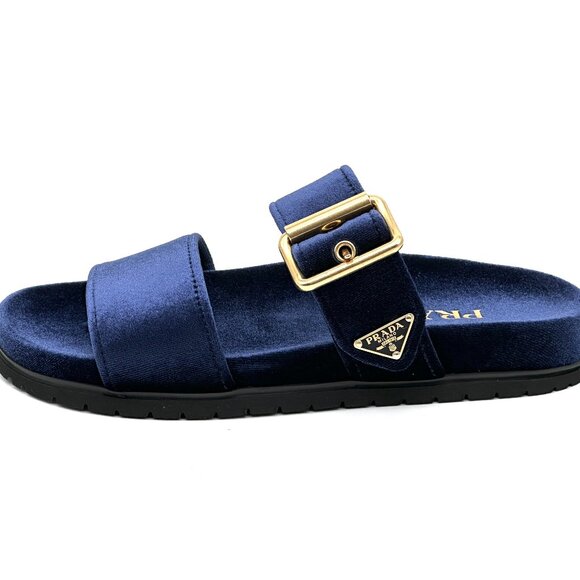 PRADA Triangle Logo Double Dual Band Velvet Flat Slide Dad Sandals Shoes - Picture 4 of 15